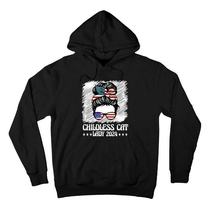 Childless Cat Lady 2024 Groovy Messy Bun American Flag Hoodie