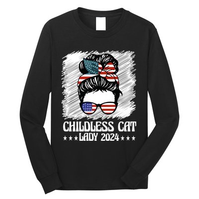 Childless Cat Lady 2024 Groovy Messy Bun American Flag Long Sleeve Shirt