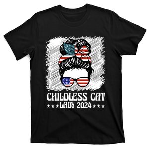 Childless Cat Lady 2024 Groovy Messy Bun American Flag T-Shirt