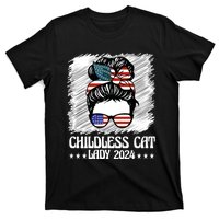 Childless Cat Lady 2024 Groovy Messy Bun American Flag T-Shirt