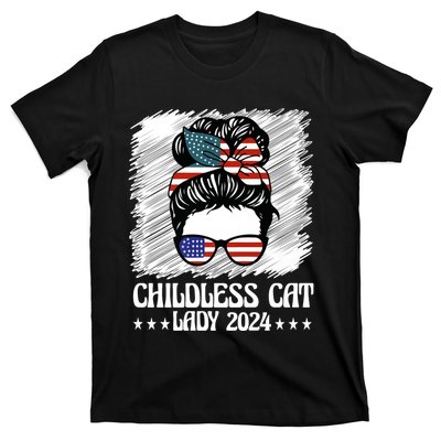 Childless Cat Lady 2024 Groovy Messy Bun American Flag T-Shirt