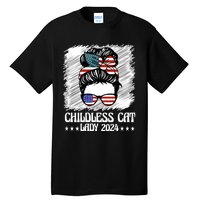 Childless Cat Lady 2024 Groovy Messy Bun American Flag Tall T-Shirt