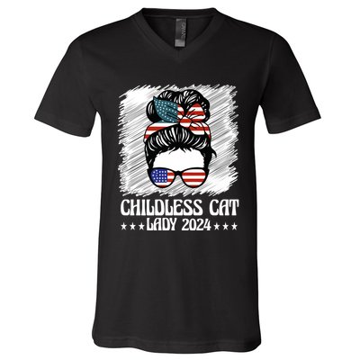 Childless Cat Lady 2024 Groovy Messy Bun American Flag V-Neck T-Shirt