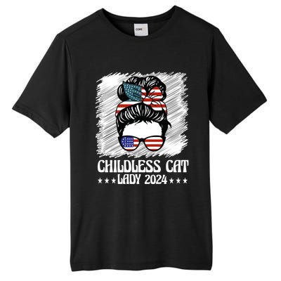 Childless Cat Lady 2024 Groovy Messy Bun American Flag Tall Fusion ChromaSoft Performance T-Shirt