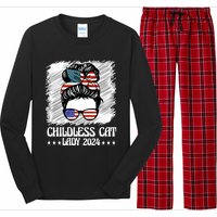 Childless Cat Lady 2024 Groovy Messy Bun American Flag Long Sleeve Pajama Set