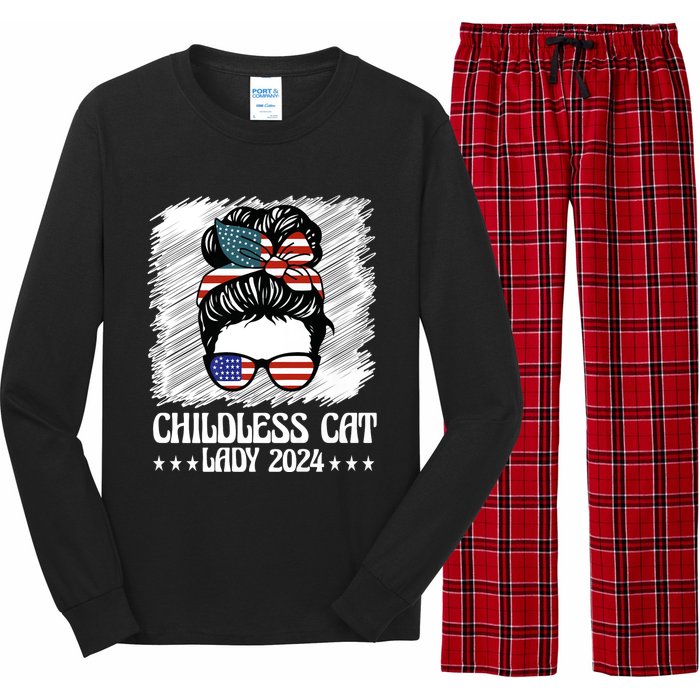 Childless Cat Lady 2024 Groovy Messy Bun American Flag Long Sleeve Pajama Set