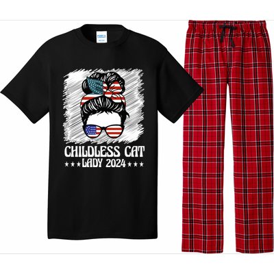 Childless Cat Lady 2024 Groovy Messy Bun American Flag Pajama Set