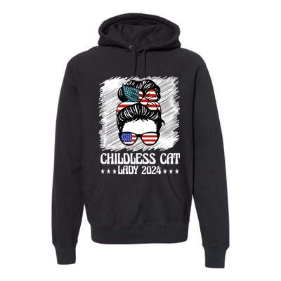 Childless Cat Lady 2024 Groovy Messy Bun American Flag Premium Hoodie