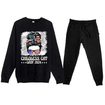 Childless Cat Lady 2024 Groovy Messy Bun American Flag Premium Crewneck Sweatsuit Set