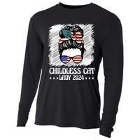 Childless Cat Lady 2024 Groovy Messy Bun American Flag Cooling Performance Long Sleeve Crew