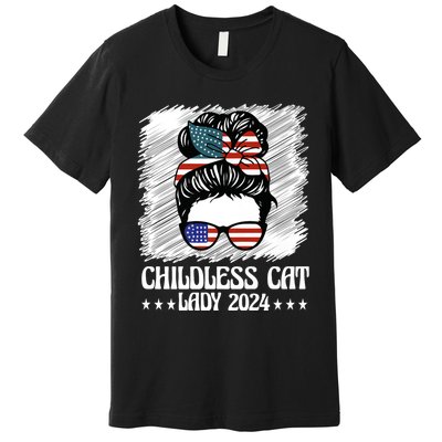 Childless Cat Lady 2024 Groovy Messy Bun American Flag Premium T-Shirt