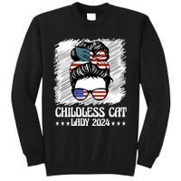 Childless Cat Lady 2024 Groovy Messy Bun American Flag Tall Sweatshirt