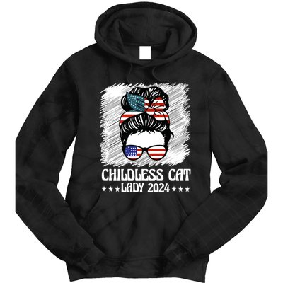 Childless Cat Lady 2024 Groovy Messy Bun American Flag Tie Dye Hoodie