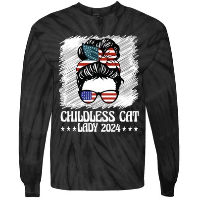 Childless Cat Lady 2024 Groovy Messy Bun American Flag Tie-Dye Long Sleeve Shirt