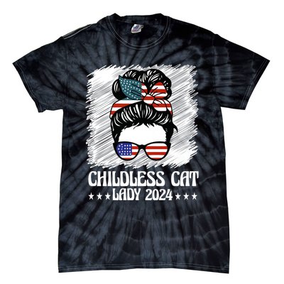 Childless Cat Lady 2024 Groovy Messy Bun American Flag Tie-Dye T-Shirt