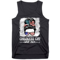 Childless Cat Lady 2024 Groovy Messy Bun American Flag Tank Top