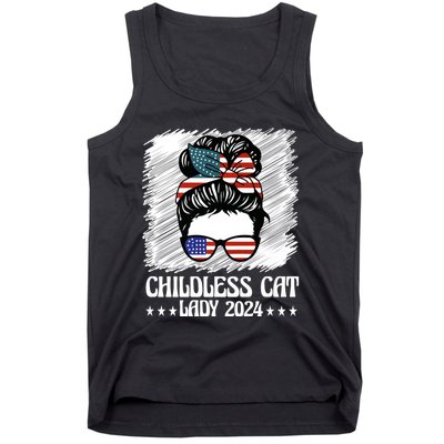 Childless Cat Lady 2024 Groovy Messy Bun American Flag Tank Top