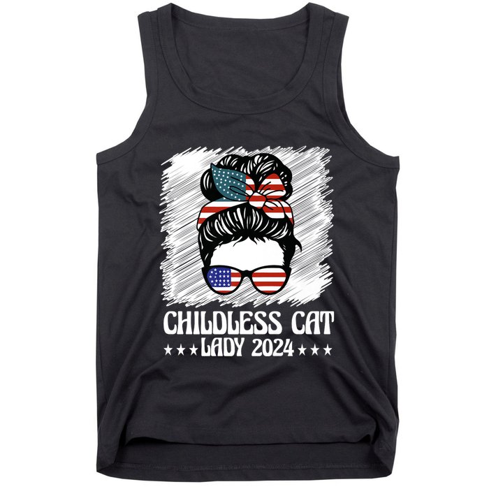 Childless Cat Lady 2024 Groovy Messy Bun American Flag Tank Top