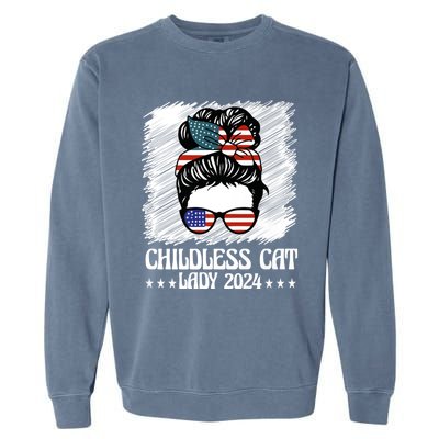 Childless Cat Lady 2024 Groovy Messy Bun American Flag Garment-Dyed Sweatshirt