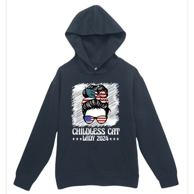 Childless Cat Lady 2024 Groovy Messy Bun American Flag Urban Pullover Hoodie