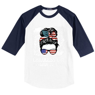 Childless Cat Lady 2024 Groovy Messy Bun American Flag Baseball Sleeve Shirt