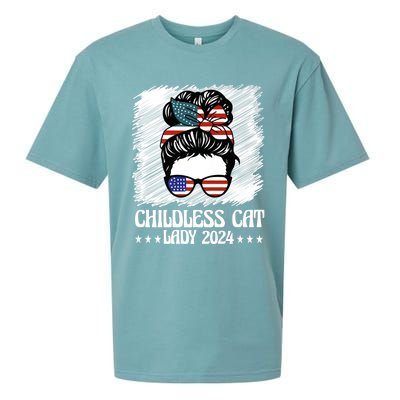 Childless Cat Lady 2024 Groovy Messy Bun American Flag Sueded Cloud Jersey T-Shirt