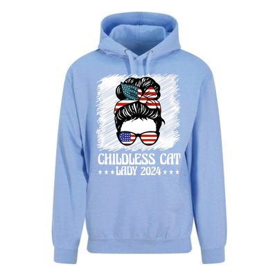 Childless Cat Lady 2024 Groovy Messy Bun American Flag Unisex Surf Hoodie