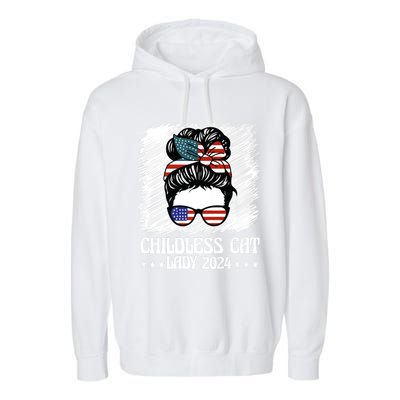 Childless Cat Lady 2024 Groovy Messy Bun American Flag Garment-Dyed Fleece Hoodie