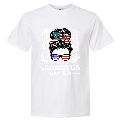 Childless Cat Lady 2024 Groovy Messy Bun American Flag Garment-Dyed Heavyweight T-Shirt