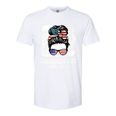 Childless Cat Lady 2024 Groovy Messy Bun American Flag Softstyle CVC T-Shirt