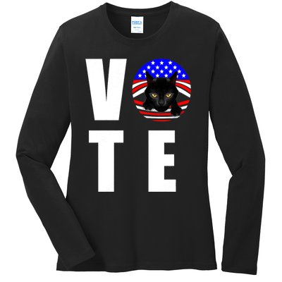 Childless Cat Ladies Vote 2024 Retro American Flag Stars Ladies Long Sleeve Shirt