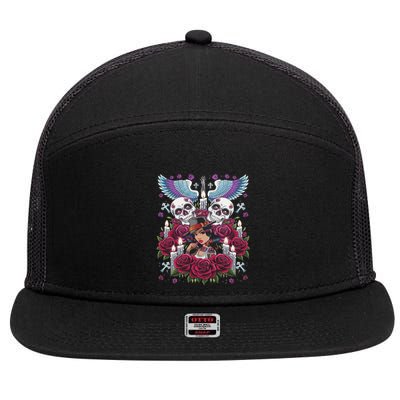 Chicano Chicana La Raza Barrio Tattoo Art Death 7 Panel Mesh Trucker Snapback Hat