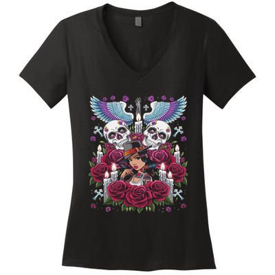 Chicano Chicana La Raza Barrio Tattoo Art Death Women's V-Neck T-Shirt