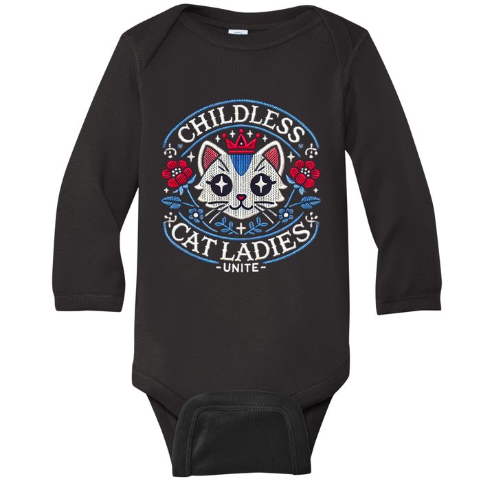 Childless Cat Ladies Unite Cute Vintage Top Hilarious Election 2024 Apparel Baby Long Sleeve Bodysuit