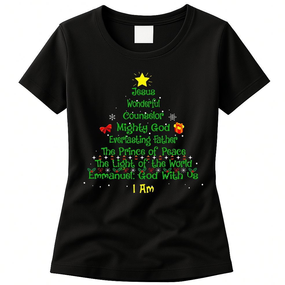 Christian Christmas Lover Bible Names of Jesus Tree Womens T-Shirt