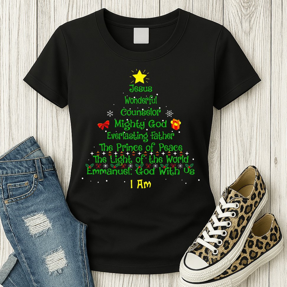 Christian Christmas Lover Bible Names of Jesus Tree Womens T-Shirt