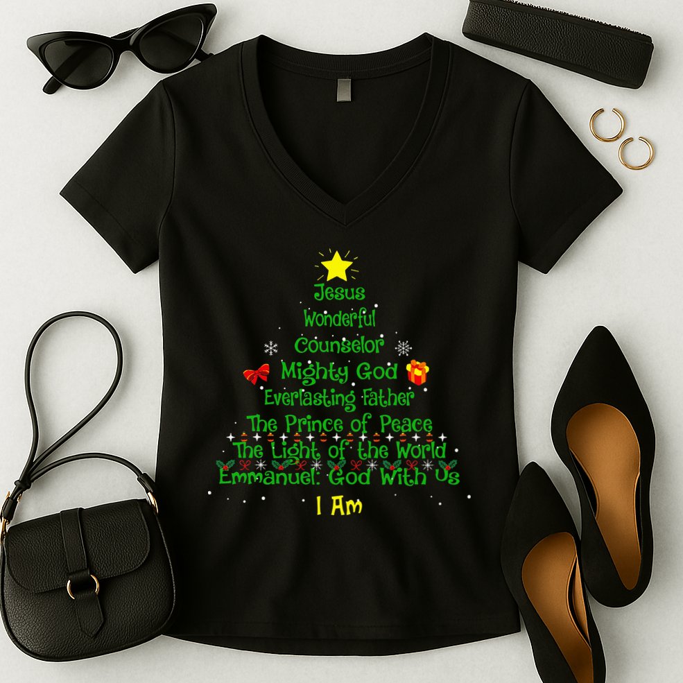 Christian Christmas Lover Bible Names of Jesus Tree Women's V-Neck T-Shirt