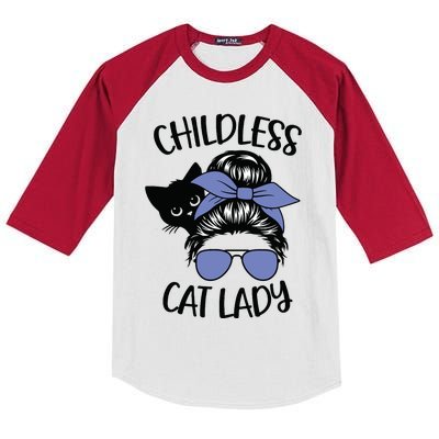 Childless Cat Lady Messy Bun Kids Colorblock Raglan Jersey