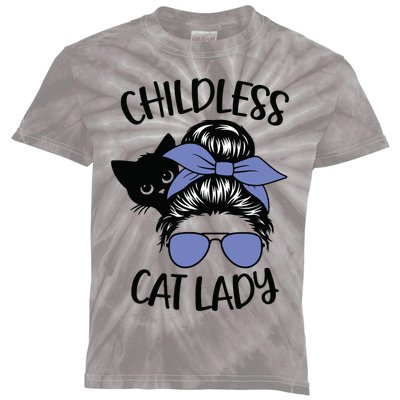 Childless Cat Lady Messy Bun Kids Tie-Dye T-Shirt