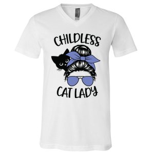 Childless Cat Lady Messy Bun V-Neck T-Shirt