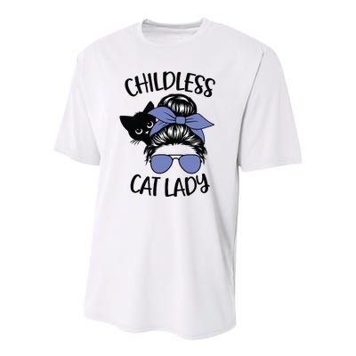 Childless Cat Lady Messy Bun Youth Performance Sprint T-Shirt