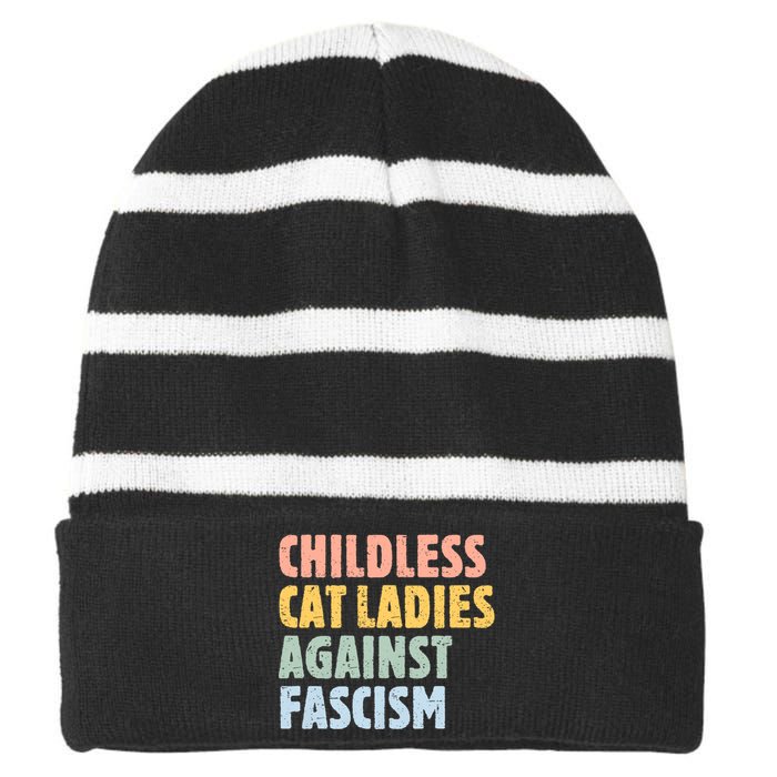 Childless Cat Ladies Against Fascism Kamala Harris 2024 Striped Beanie with Solid Band