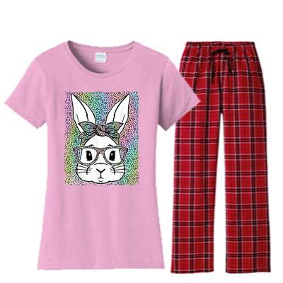 Cute Colorful Leopard Easter Bunny Glasses Headband Women's Flannel Pajama Set