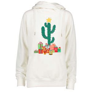 Cactus Christmas Lights With Presents Cactus Christmas Tree Womens Funnel Neck Pullover Hood