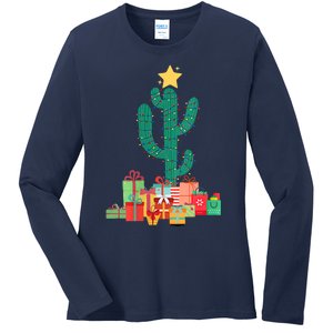 Cactus Christmas Lights With Presents Cactus Christmas Tree Ladies Long Sleeve Shirt