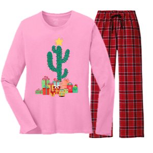 Cactus Christmas Lights With Presents Cactus Christmas Tree Women's Long Sleeve Flannel Pajama Set 