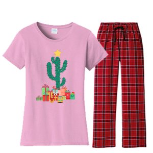 Cactus Christmas Lights With Presents Cactus Christmas Tree Women's Flannel Pajama Set