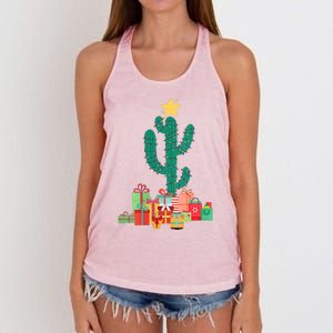 Cactus Christmas Lights With Presents Cactus Christmas Tree Women's Knotted Racerback Tank