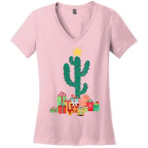 Cactus Christmas Lights With Presents Cactus Christmas Tree Women's V-Neck T-Shirt