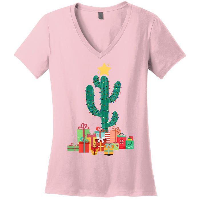 Cactus Christmas Lights With Presents Cactus Christmas Tree Women's V-Neck T-Shirt